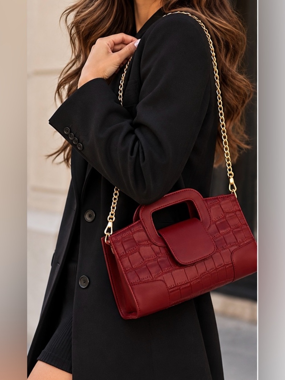 Elegant Burgundy Croc Embossed Top Handle Crossbody Bag